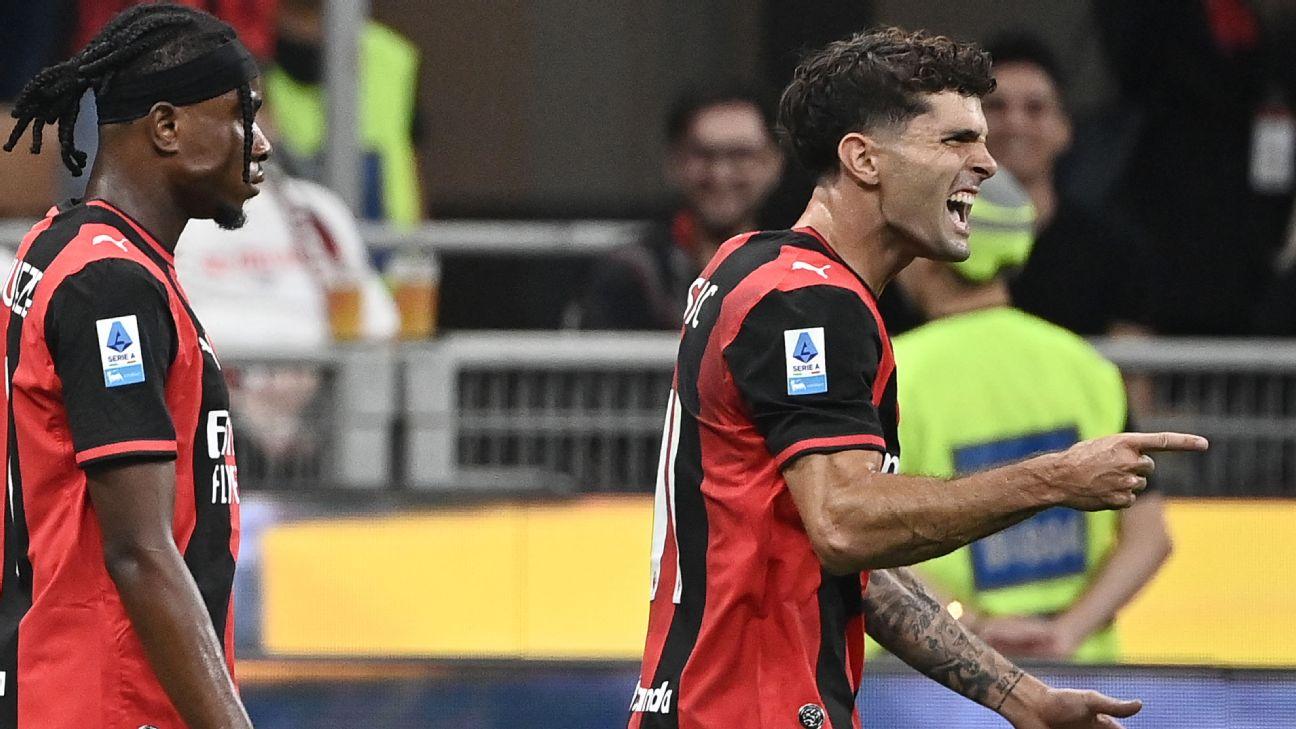 Christian Pulisic celebrates after scoring a goal for AC Milan in Serie A.