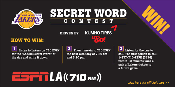 kumho tires lakers secret word contest