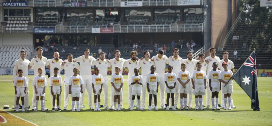 The Australian team during the national anthems — Article image accompanying Weird times in Johannesburg: what the Test after the ball-tampering scandal was like on WagerUp Sports News. The Australian team during the national anthems — Article image accompanying Weird times in Johannesburg: what the Test after the ball-tampering scandal was like on WagerUp Sports News.