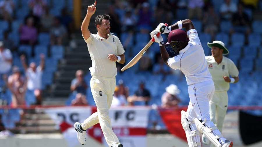 James Anderson claims three wickets with West Indies needing 450 runs more