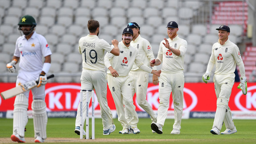 Chris Woakes claims the wicket of Babar Azam — Article image accompanying Throwback: How Pakistan let the Old Trafford Test slip in 2020 on WagerUp Sports News. Chris Woakes claims the wicket of Babar Azam — Article image accompanying Throwback: How Pakistan let the Old Trafford Test slip in 2020 on WagerUp Sports News.