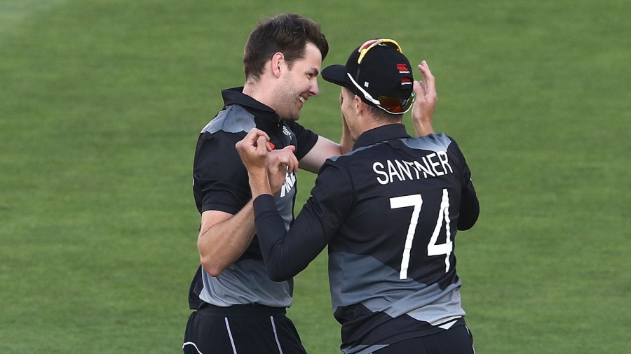 Jacob Duffy celebrates a wicket with his captain Mitchell Santner — Article image accompanying Santner backs Duffy as New Zealand's 'front man' for West Indies ODIs on WagerUp Sports News. Jacob Duffy celebrates a wicket with his captain Mitchell Santner — Article image accompanying Santner backs Duffy as New Zealand's 'front man' for West Indies ODIs on WagerUp Sports News.