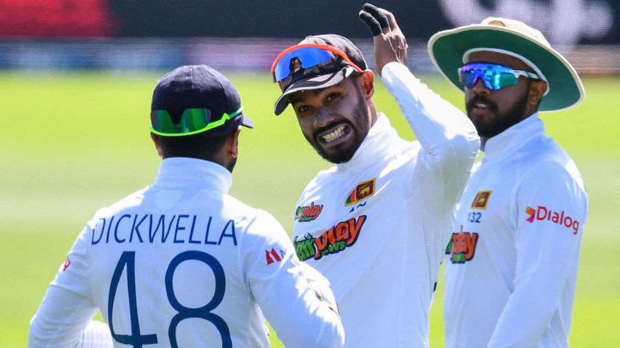 Dhananjaya de Silva emotes as Kusal Mendis watches — Article image accompanying Kusal Mendis appointed Sri Lanka Test captain after Dhananjaya de Silva steps down on WagerUp Sports News. Dhananjaya de Silva emotes as Kusal Mendis watches — Article image accompanying Kusal Mendis appointed Sri Lanka Test captain after Dhananjaya de Silva steps down on WagerUp Sports News.
