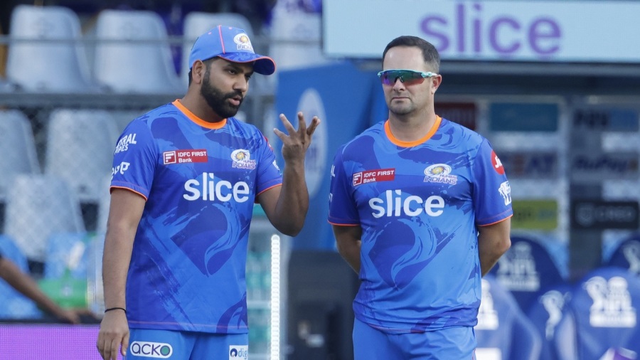 Mark Boucher and Rohit Sharma strike a conversation at a pre-game session — Article image accompanying Mark Boucher appointed MI Emirates head coach on WagerUp Sports News. Mark Boucher and Rohit Sharma strike a conversation at a pre-game session — Article image accompanying Mark Boucher appointed MI Emirates head coach on WagerUp Sports News.