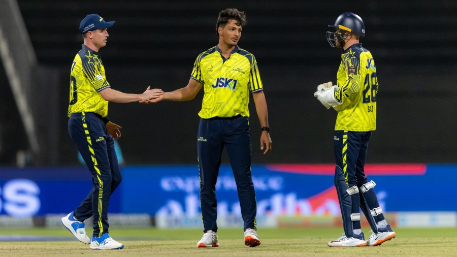AM Ghazanfar celebrates a wicket with Adam Milne and Phil Salt — Article image accompanying Abu Dhabi T10 set for reboot with stability the primary goal on WagerUp Sports News. AM Ghazanfar celebrates a wicket with Adam Milne and Phil Salt — Article image accompanying Abu Dhabi T10 set for reboot with stability the primary goal on WagerUp Sports News.