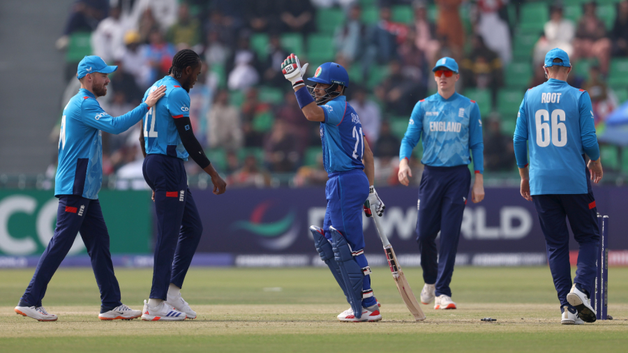 England celebrate Jofra Archer's early dismissal of Rahmanullah Gurbaz — Article image accompanying England players to get NOCs for Afghanistan Premier League T20 on WagerUp Sports News. England celebrate Jofra Archer's early dismissal of Rahmanullah Gurbaz — Article image accompanying England players to get NOCs for Afghanistan Premier League T20 on WagerUp Sports News.