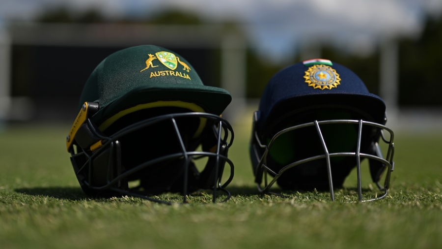 Helmets of the two teams on the field — Article image accompanying Baloda six-for bundles Australia Under-19 out cheaply on first day on WagerUp Sports News.