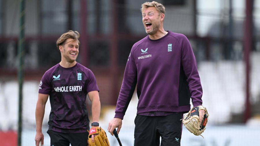 Andrew Flintoff shares a joke with nutritionist Charlie Binns during a Lions training session — Article image accompanying Key defends Flintoff from 'disrespectful' criticism on WagerUp Sports News.