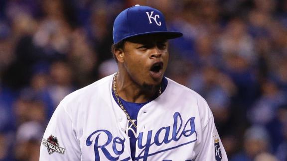 Kansas City Royals pitcher Edinson Volquez (36) talks to catcher Salvador  Perez during the third inning against the New York Mets in game 1 of the  World Series at Kauffman Stadium in