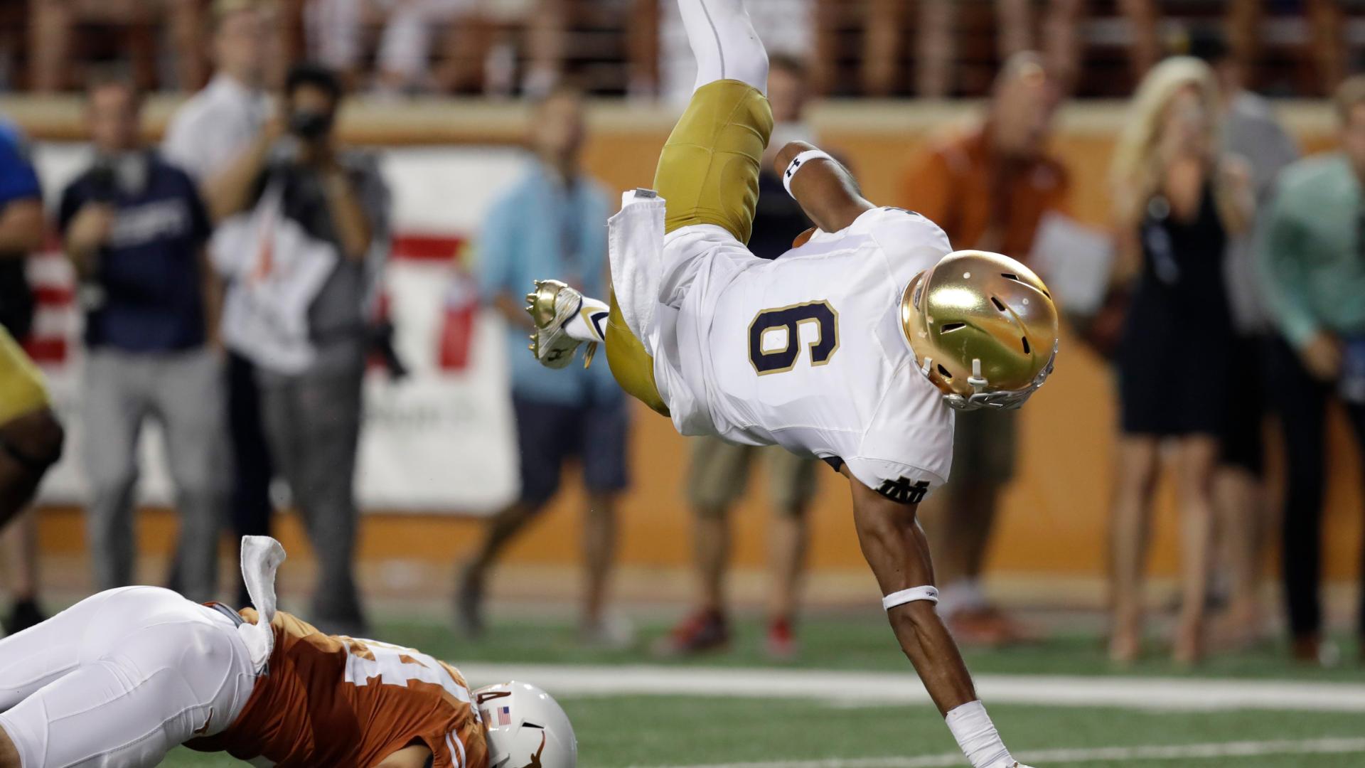 Notre Dame wide receiver Torii Hunter Jr. (16) gets medical attention after  an injury during an NCAA football game. Sunday, September 4, 2016 in  Austin, Tex. Texas won 50-47 in overtime. (TFV