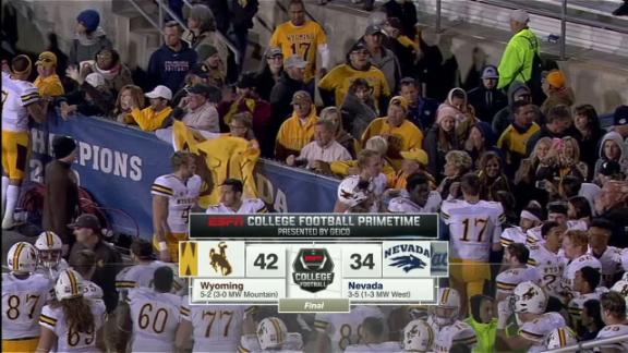 FILE – In this Oct. 22, 2016, file photo, Wyoming quarterback Josh Allen  reacts after scoring a touchdown in the second half of an NCAA college  football game against Nevada, in Reno