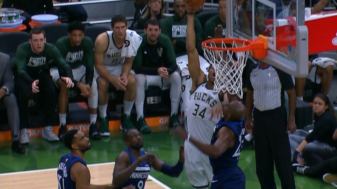 Tolliver stuffs the Greek Freak at the rim