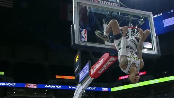 Veal finishes upside down for Bug on a Windshield dunk