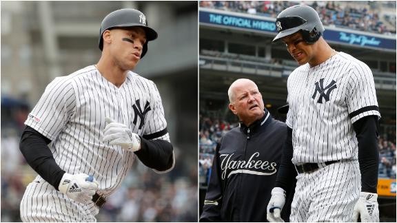 Judge homers, exits game with injury