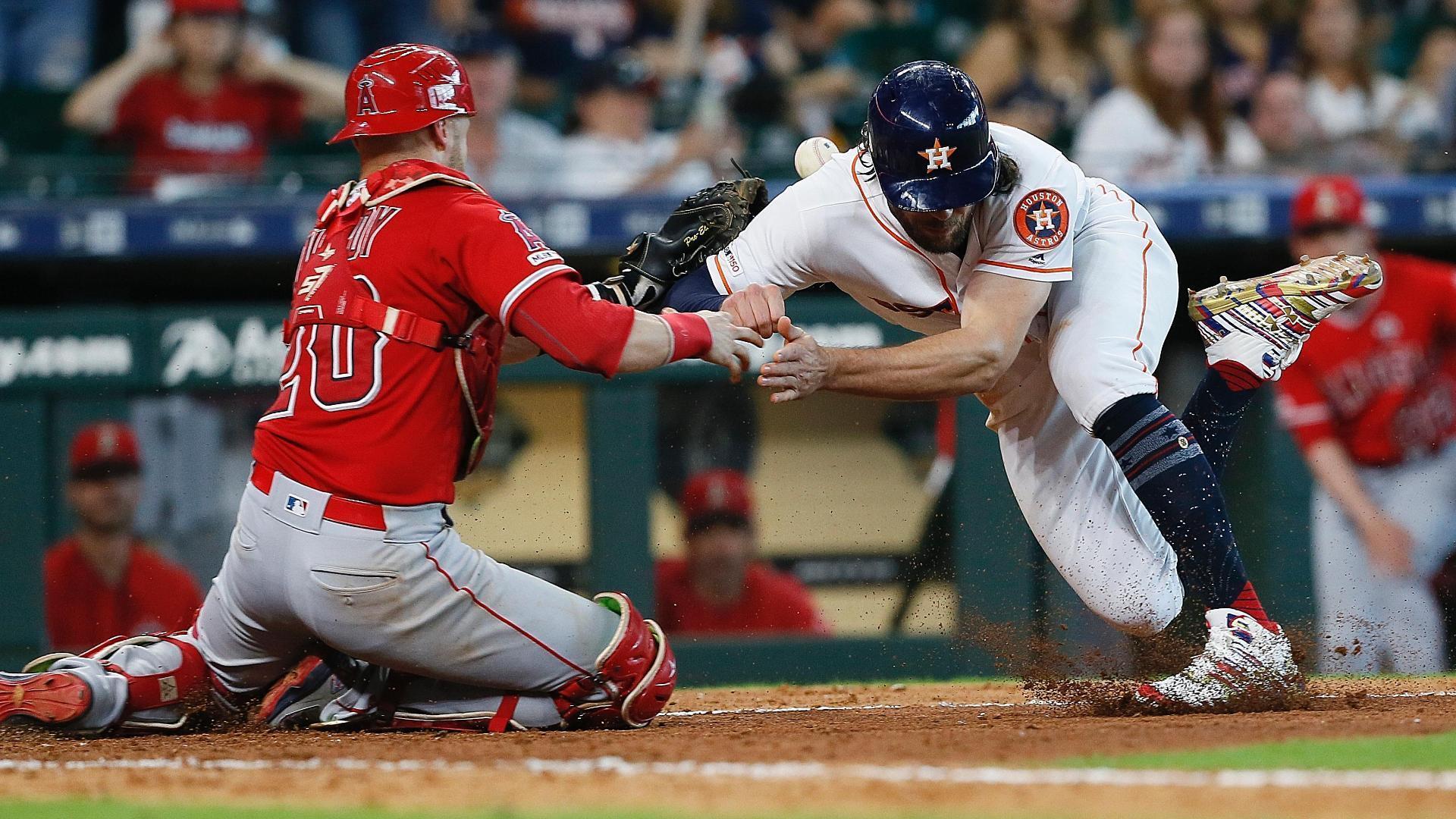 Angels' Jonathan Lucroy hurt in bloody collision at home plate