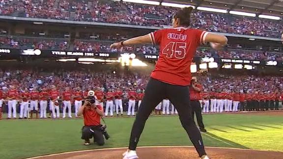 Tyler Skaggs' mom Debbie throws out first pitch