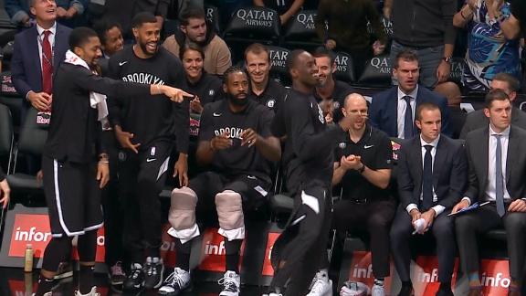 Nets bench mob celebrates on Kyrie's no-looker to Harris