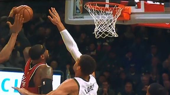 Lopez denies Melo at the rim