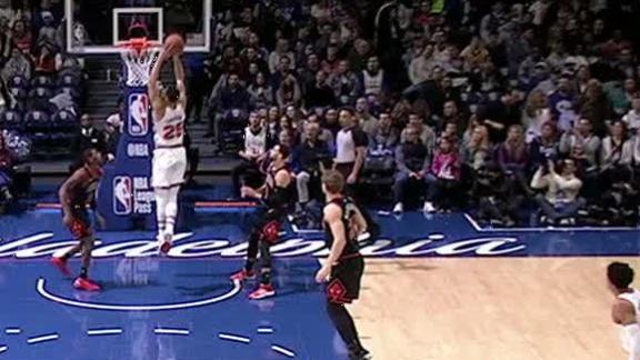 Harris finds Simmons underneath for the dunk