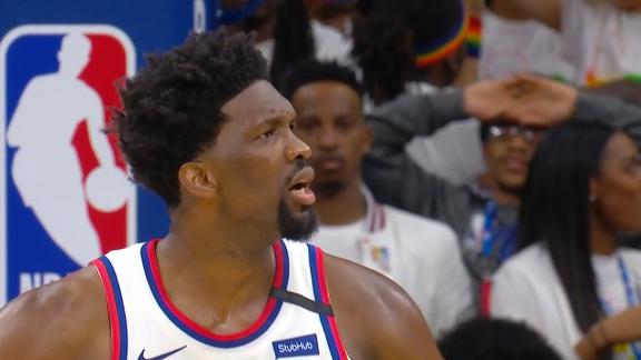 Embiid fired up after block sends game to OT