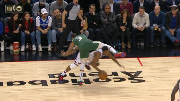 Lowry tries to go under Hill, called for offensive foul