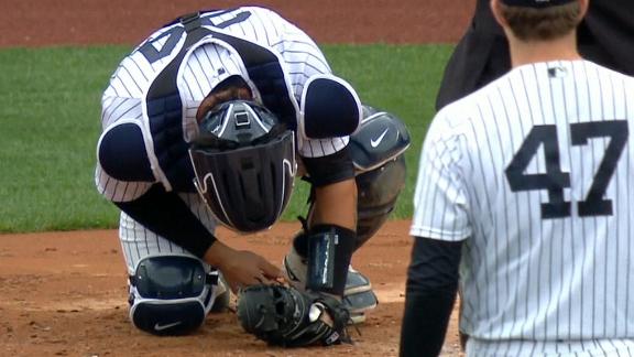 Yankees catcher Gary Sanchez makes light of painful foul tip