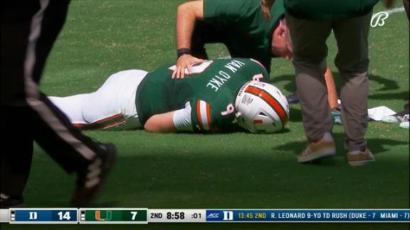 Miami QB Tyler Van Dyke leaves game with upper body injury - ESPN