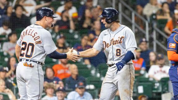Matt Vierling and Zach McKinstry of the Detroit Tigers battle for
