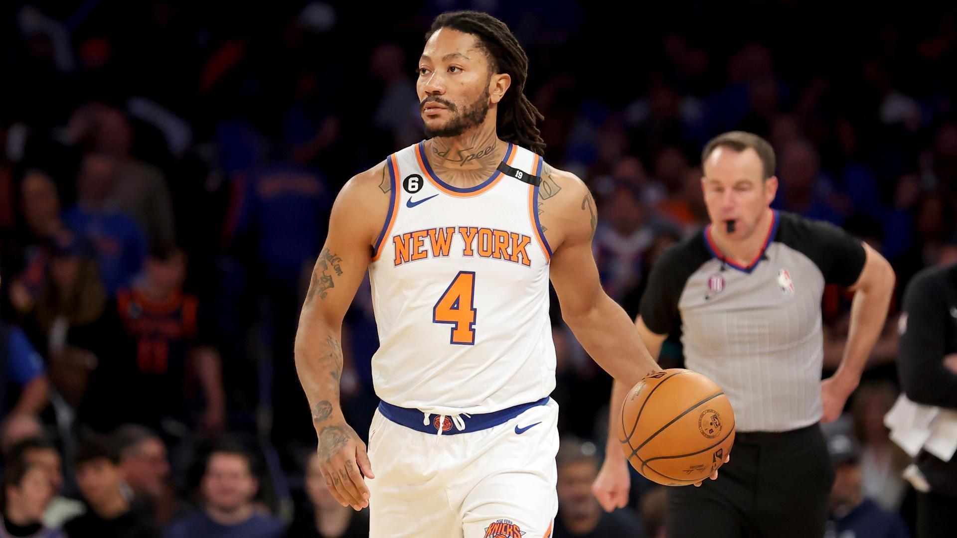 Apr 21, 2023; New York, New York, USA; New York Knicks guard Derrick Rose (4) brings the ball up court against the Cleveland Cavaliers during the fourth quarter of game three of the 2023 NBA playoffs at Madison Square Garden. Mandatory Credit: Brad Penner-USA TODAY Sports (NBA News)