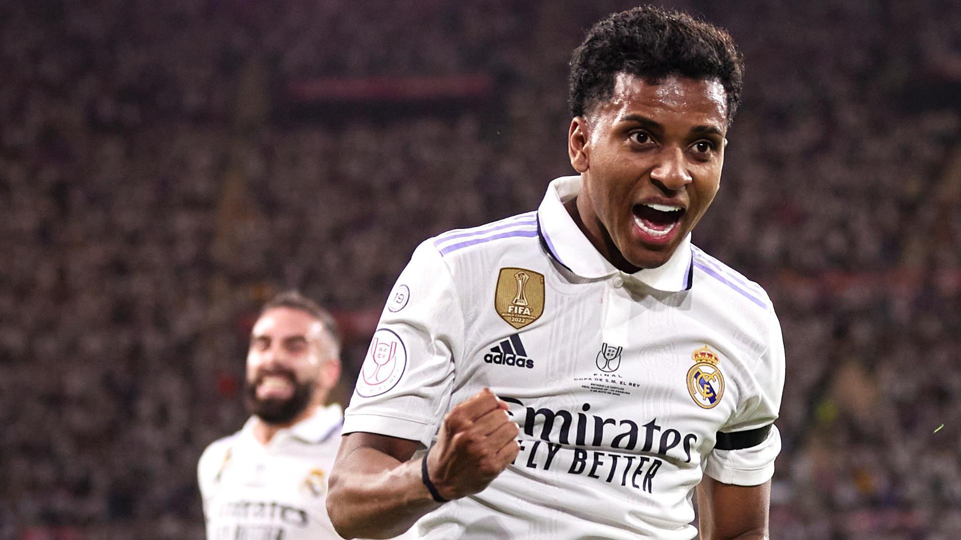 Aurelien Tchouameni of Real Madrid and Ante Budimir of CA Osasuna during  the Copa del Rey match between Real Madrid and CA Osasuna played at La  Cartuja Stadium on May 6, 2023