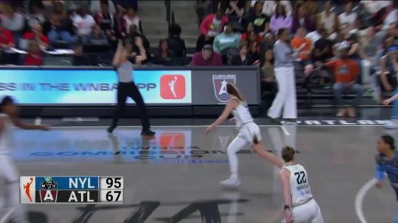 COLLEGE PARK, GA – AUGUST 12: New York players huddle at the free throw  line during the WNBA game between the New York Liberty and the Atlanta Dream  on August 12th, 2022