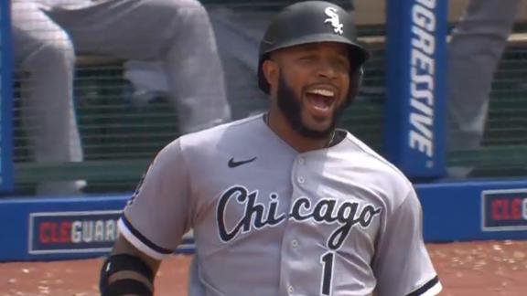Elvis Andrus of the Chicago White Sox celebrates with third base