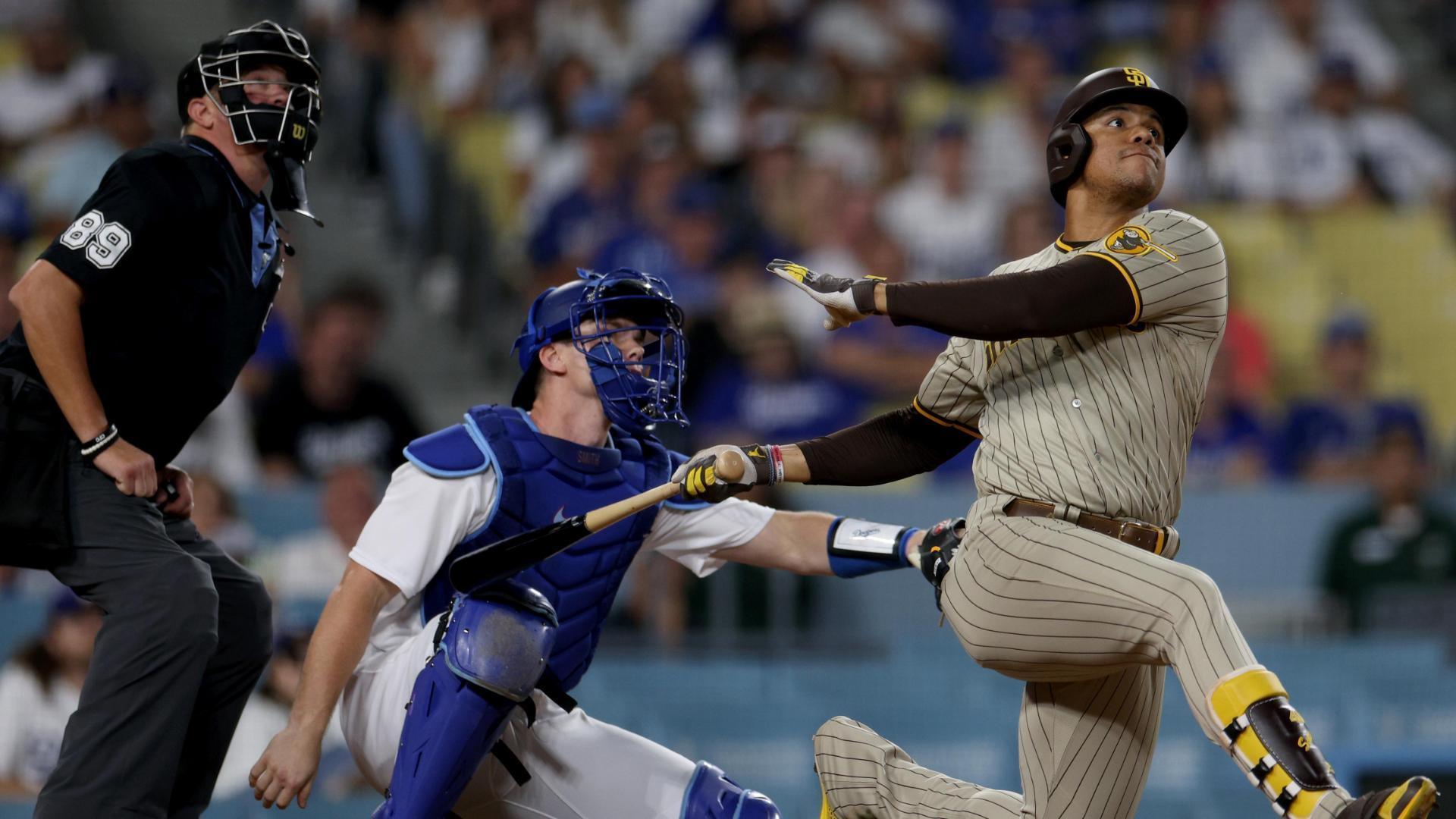 Juan Soto hits a 3-run homer in the ninth, and Padres rally to stun weary  Dodgers 11-8 - ABC7 Los Angeles