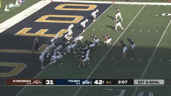 October 5, 2019: Western Michigan LeVante Bellamy #2 tries to shake off a  Toledo defender during the NCAA football game between the Toledo rockets  and the Western Michigan Broncos at the Glass