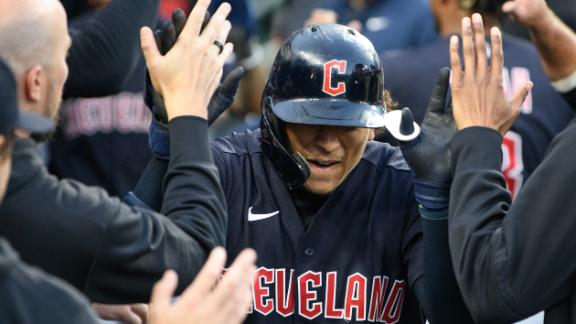 Guardians Bo Naylor gets first hit, Josh Naylor celebrates in dugout