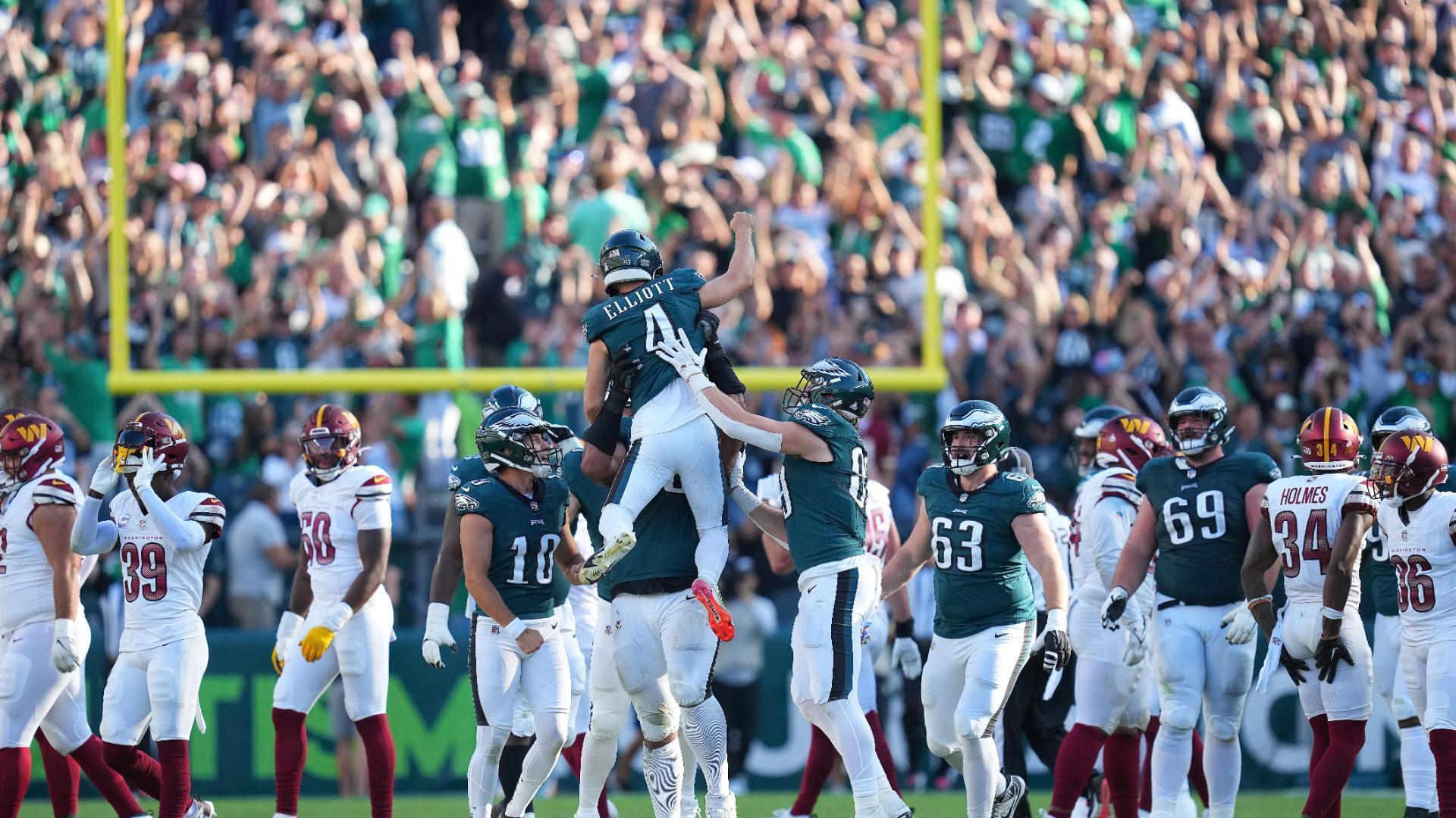 Hurts throws for 319 yards, Elliott's 54-yarder lifts 4-0 Eagles past  Commanders 34-31 in OT - 6abc Philadelphia