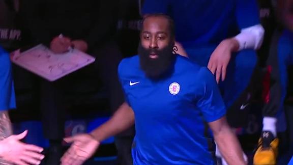 James Harden hears the boos from Philly crowd during intros