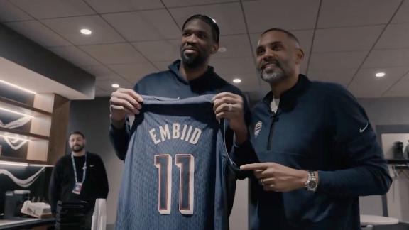 Joel Embiid gets surprised with his Team USA jersey by Grant Hill