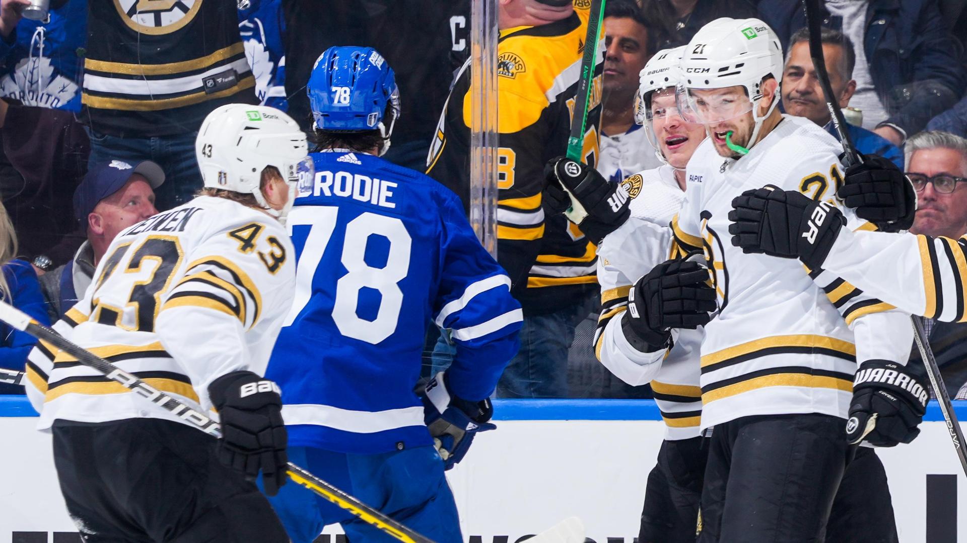 Marchand breaks team playoff goals mark  Bruins beat Maple Leafs 3-1 to move within win of advancing