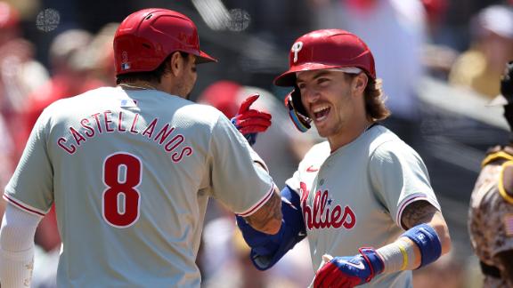Stott and Realmuto homer  Walker makes a slick play as the Phillies win 8-6 to sweep the Padres