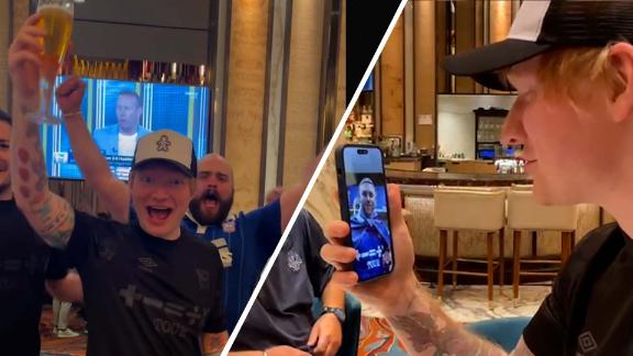 Ed Sheeran celebrates Ipswich's promotion to the Premier League