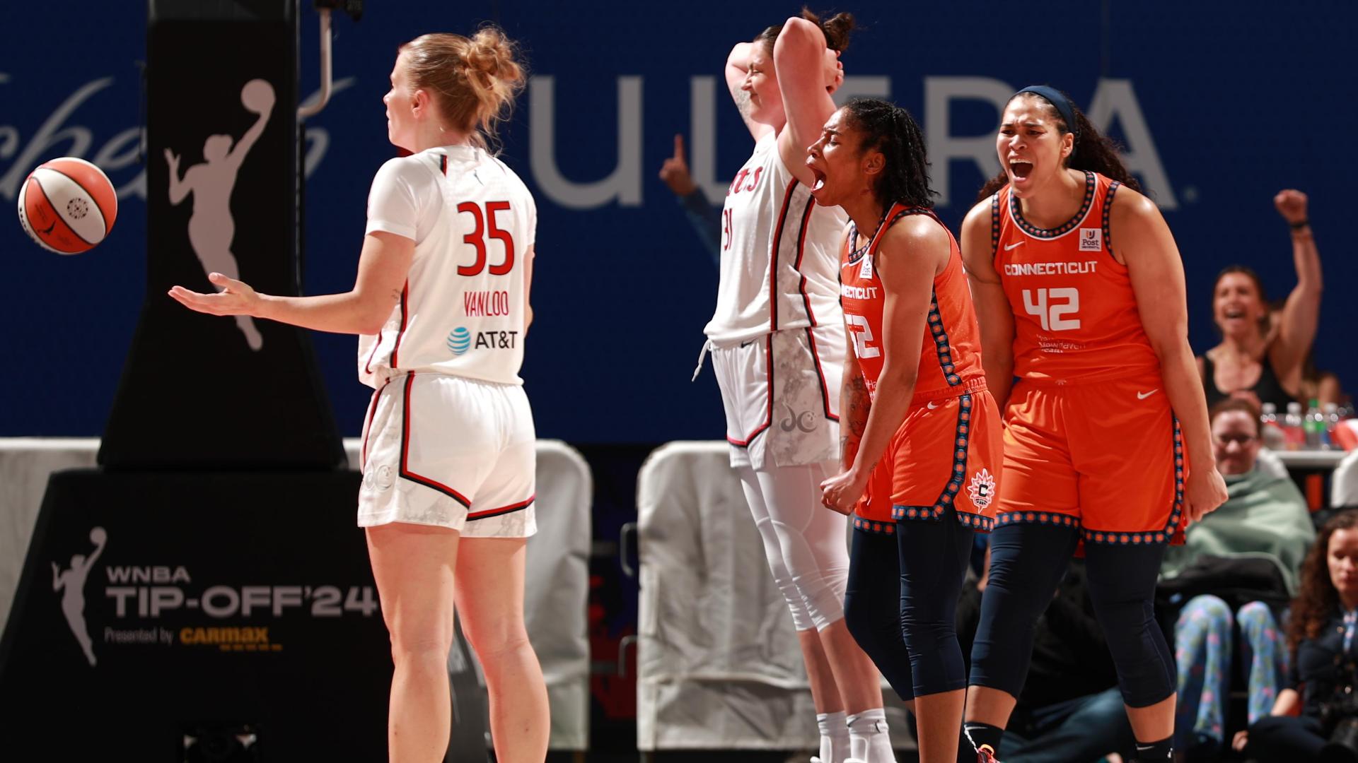 The Sun score 15 straight points in the fourth quarter to pull away from the Mystics 84-77