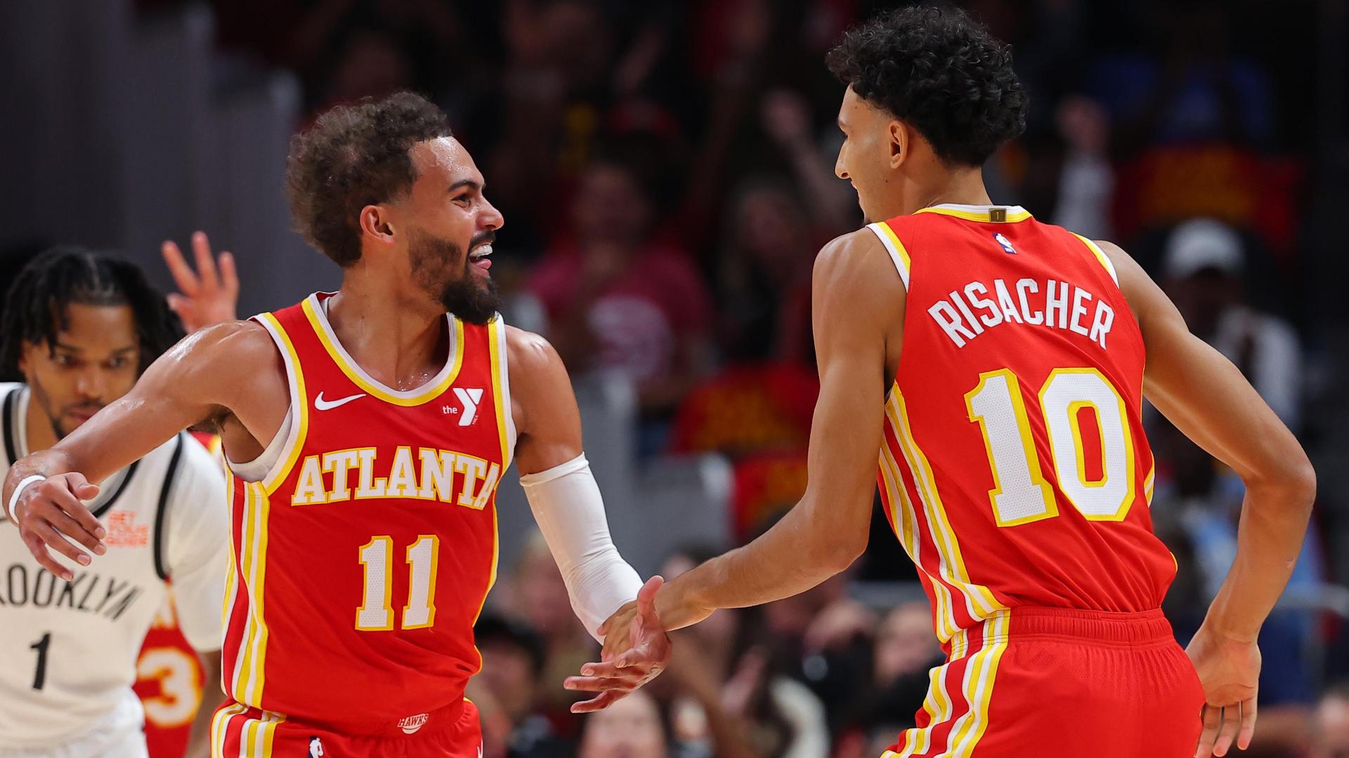 No. 1 pick Zaccharie Risacher nails his first NBA shot for the Atlanta Hawks against the Brooklyn Nets.