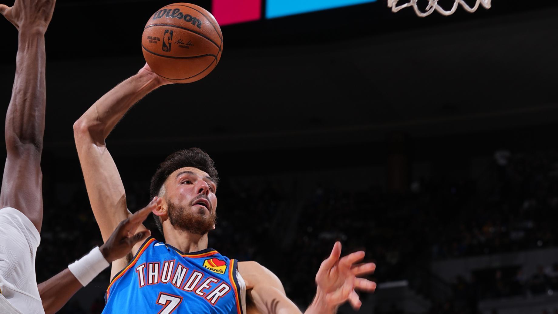 Chet Holmgren is amped after throwing down a huge one-handed dunk for the Thunder.