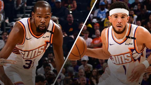 Kevin Durant drops 30 points while Devin Booker adds 33 in the Suns' 109-105 win over the Lakers on Monday.