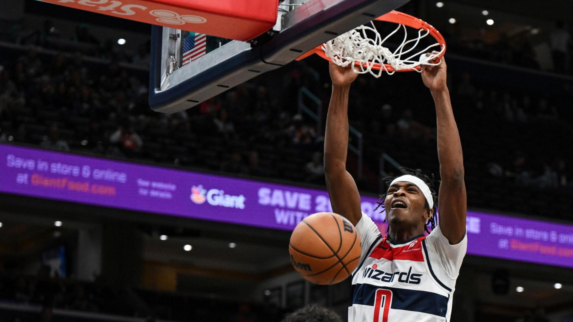 Bilal Coulibaly corrals the offensive rebound and gets the putback dunk for the Wizards vs. the Hawks.



