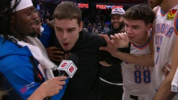 After a convincing win against the Spurs, the Thunder make sure to get rookie Nikola Topic in on their postgame barking tradition.