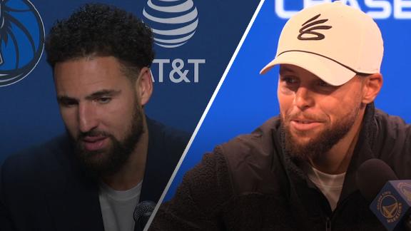 Klay Thompson and Steph Curry break down Klay's shimmy after a 3-pointer in the second quarter.