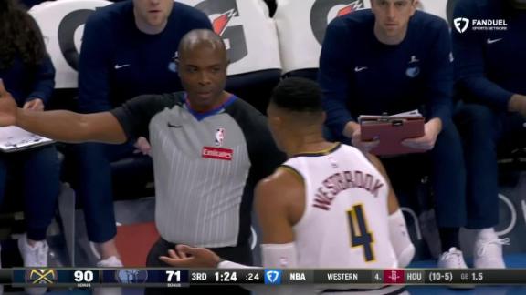 Russell Westbrook is assessed a technical foul for staring down Santi Aldama after scoring for the Nuggets.