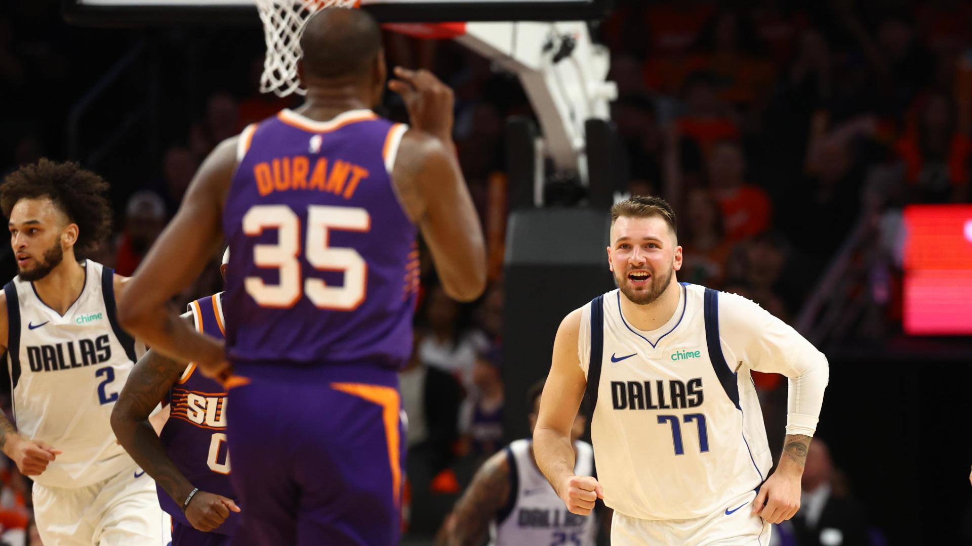 Kevin Durant knocks down a midrange jumper over Luka Doncic before hitting him with the "too small" celebration.